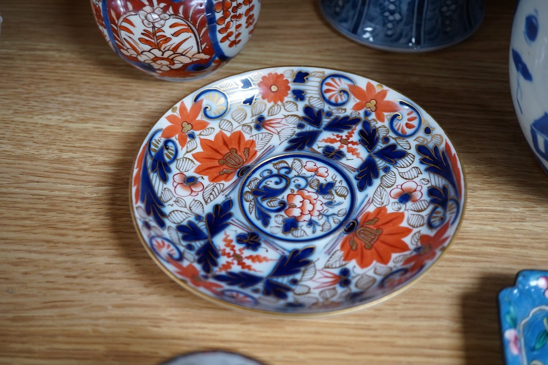 A pair of Chinese blue and white vases and covers and three other items, together with Japanese ceramics, cloisonné and Canton enamelware (11)